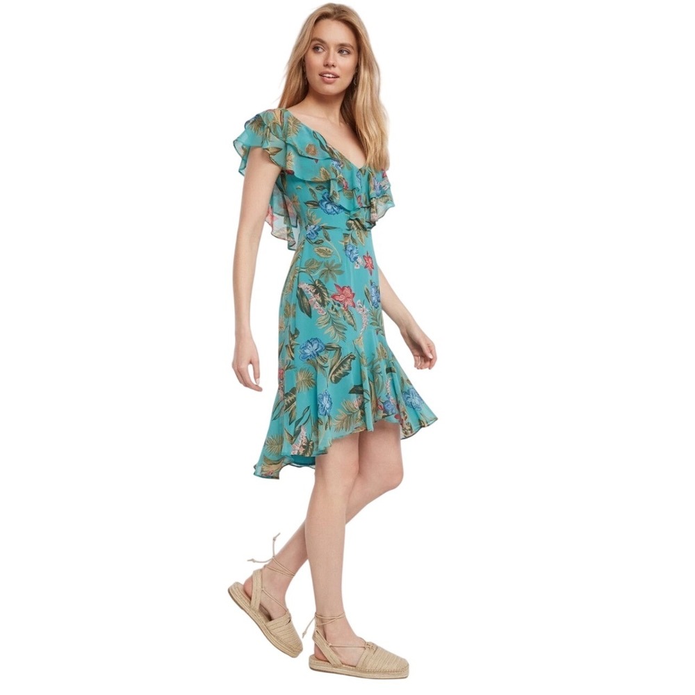 WAYF Chelsea XS Tropical Floral Ruffle Dress Teal Chiffon V Neck Flutter Sleeve